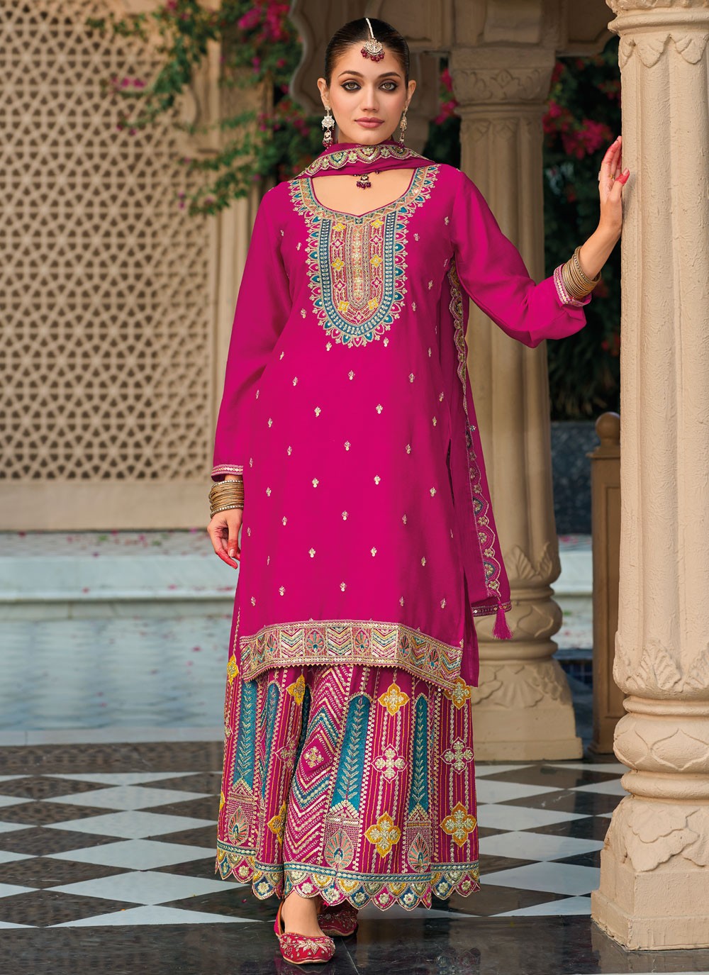 Palazzo Suit Embroidered Pink Chinon T5269