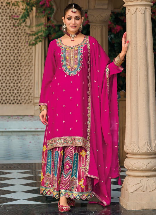 Palazzo Suit Embroidered Pink Chinon T5269