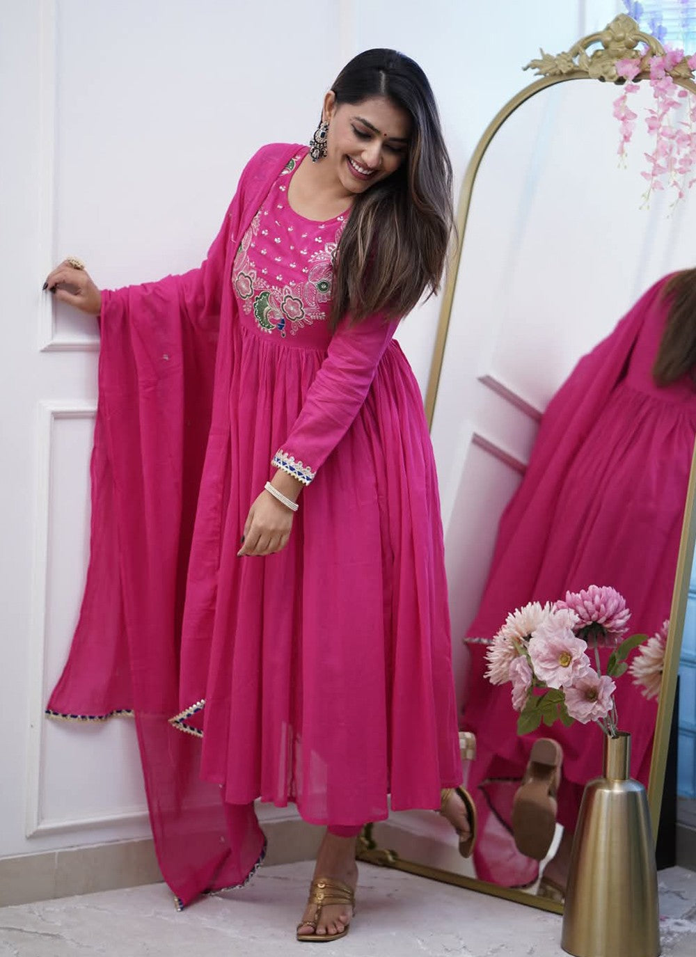 Salwar Suit Embroidered Pink Chinon T5025