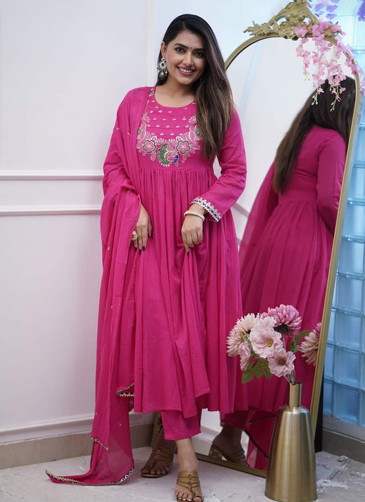 Salwar Suit Embroidered Pink Chinon T5025