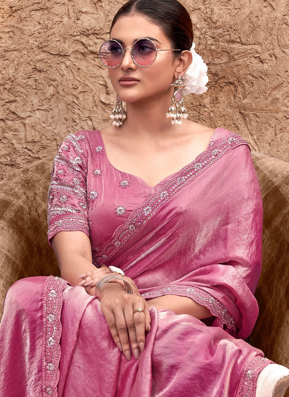 Bollywood Style Embroidered Pink Satin Silk Saree S13255