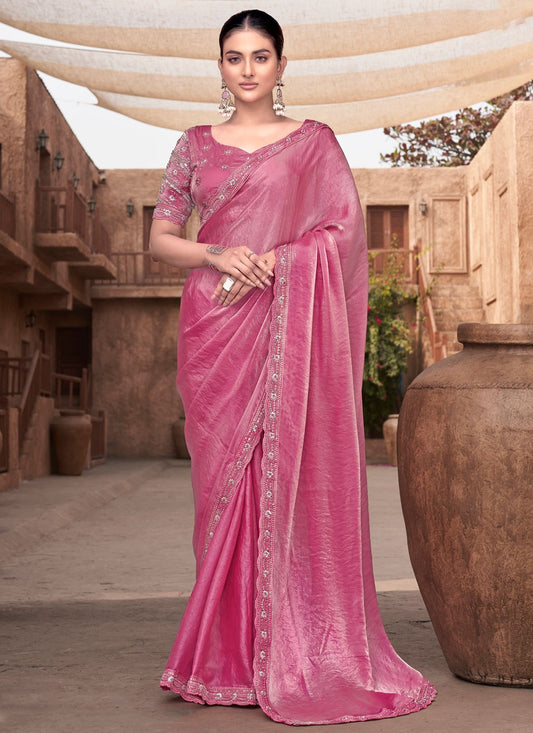 Bollywood Style Embroidered Pink Satin Silk Saree S13255