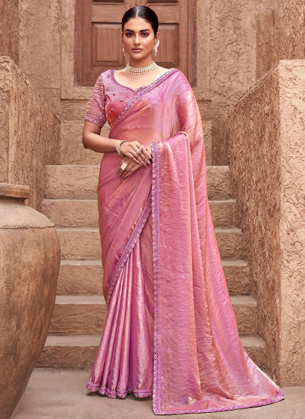 Contemporary Embroidered Pink Satin Silk Saree S13257