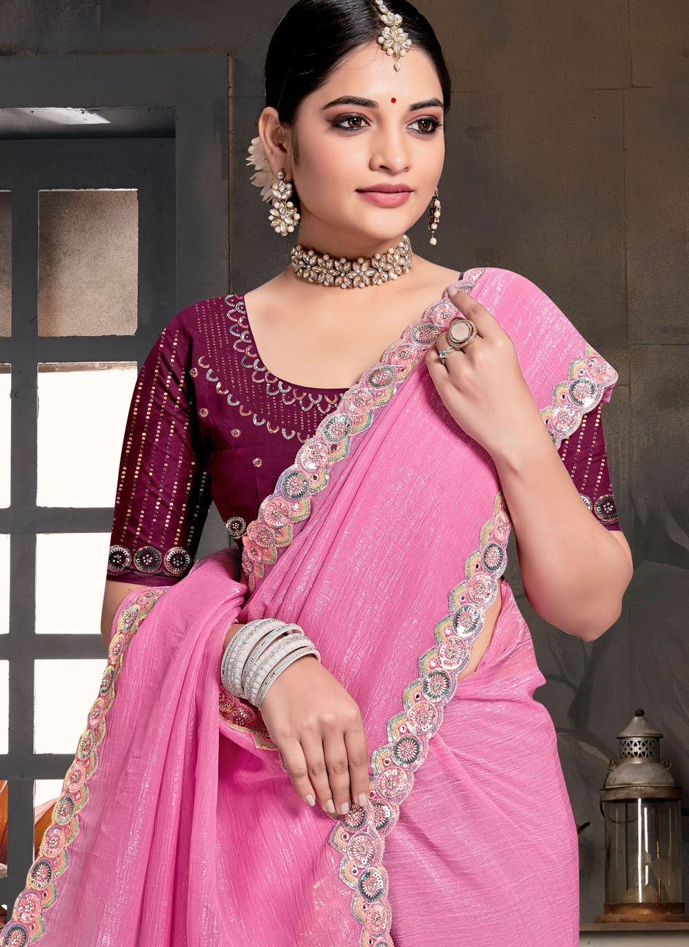Traditional Embroidered Pink Silk Saree S13121