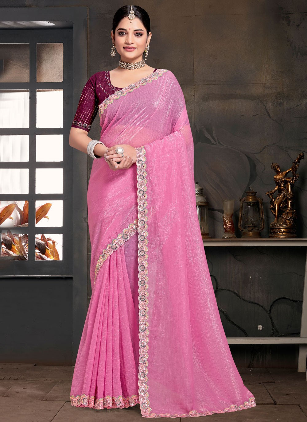 Traditional Embroidered Pink Silk Saree S13121