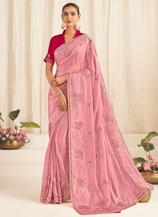 Pink Silk Trendy Saree Embroidered S19924