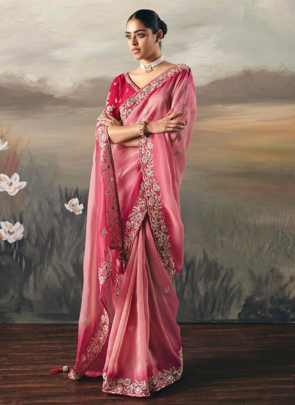 Pink Tissue Trendy Saree Embroidered, Resham, Thread S20407