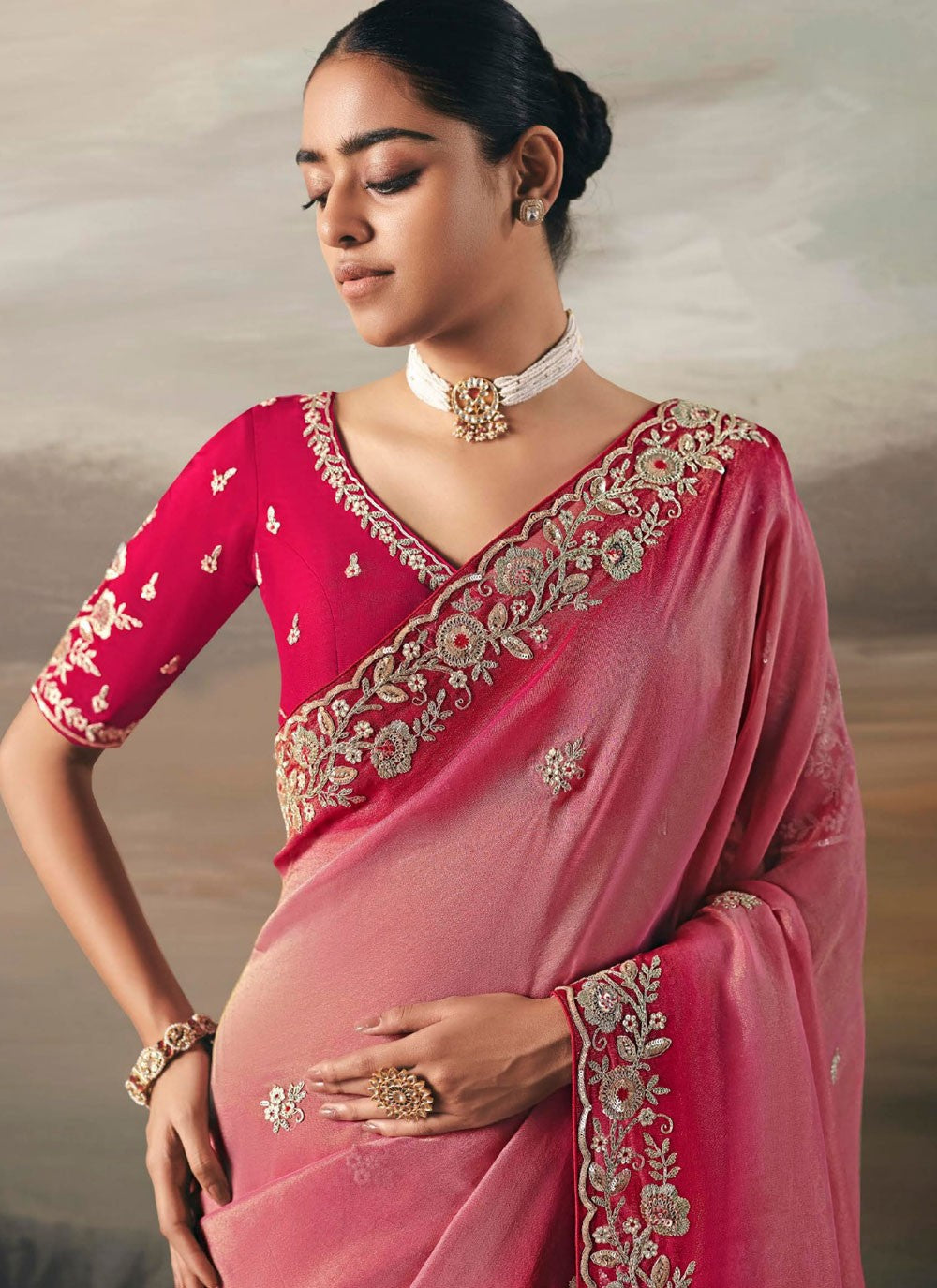 Pink Tissue Trendy Saree Embroidered, Resham, Thread S20407