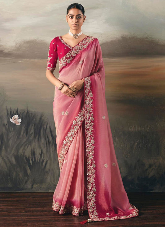 Pink Tissue Trendy Saree Embroidered, Resham, Thread S20407