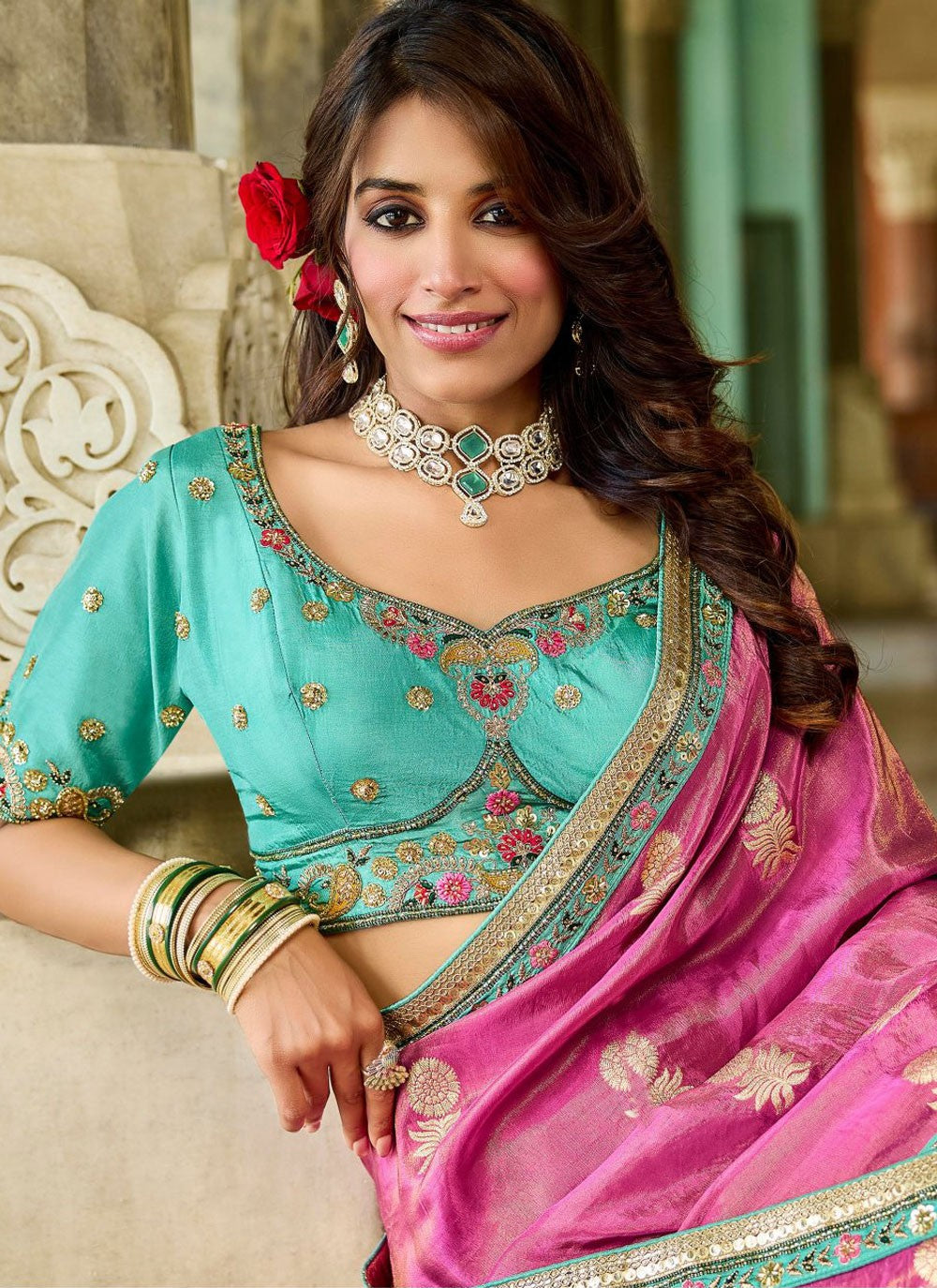 Pink Tissue Classic Saree Beads, Lace S19797