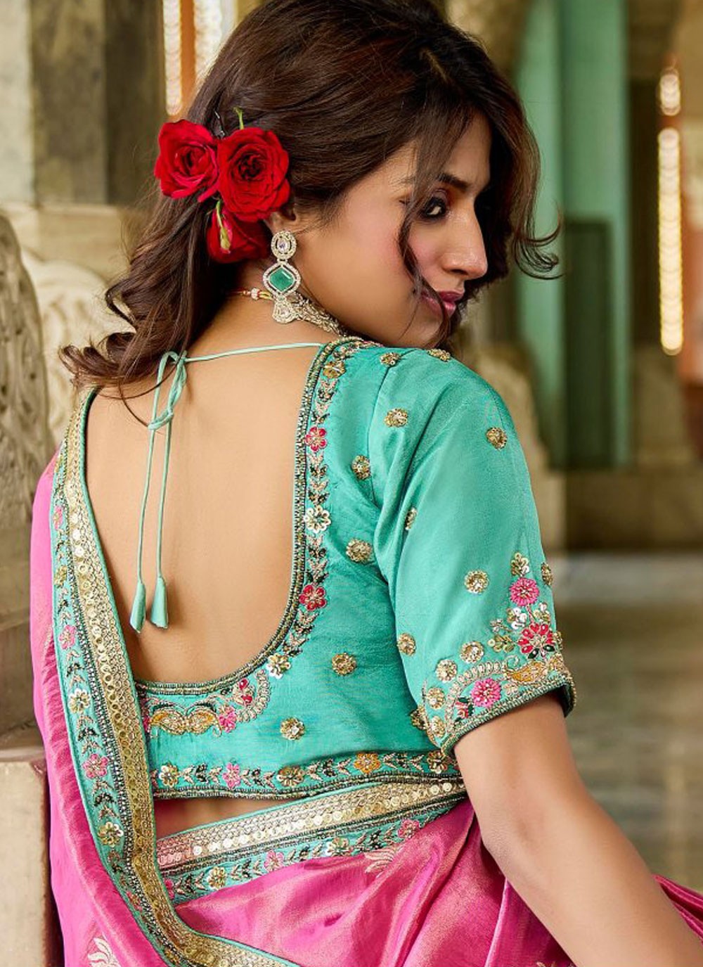 Pink Tissue Classic Saree Beads, Lace S19797