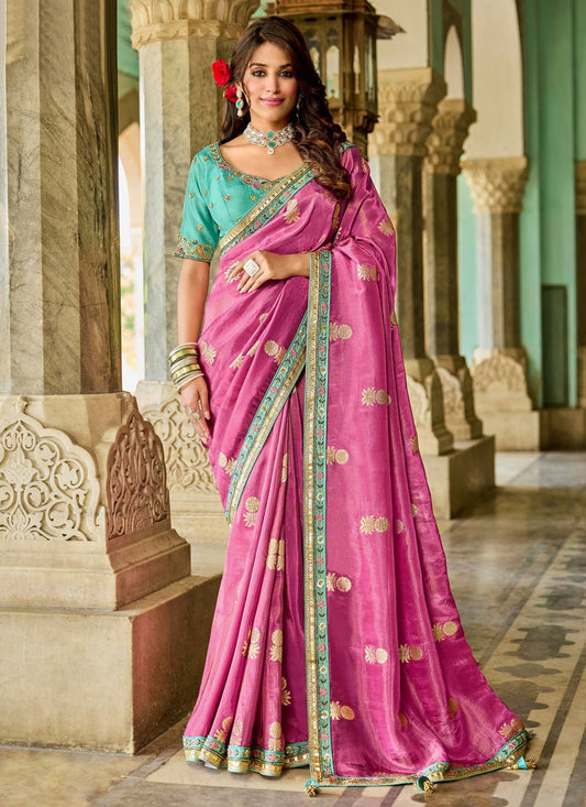 Pink Tissue Classic Saree Beads, Lace S19797