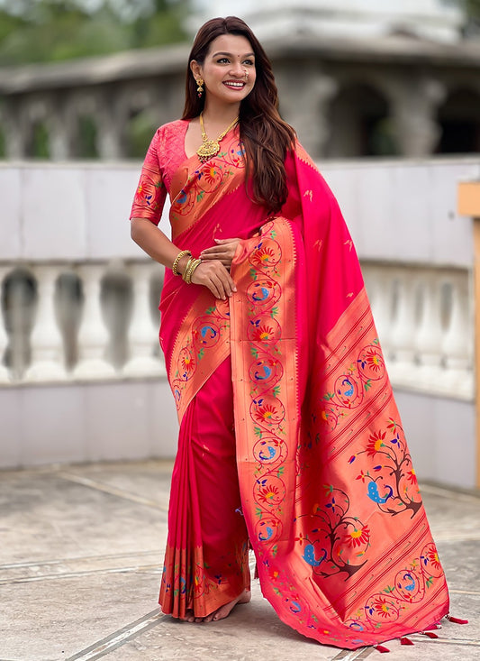 Pink Silk Classic Saree Jacquard Work, Meenakari S19944