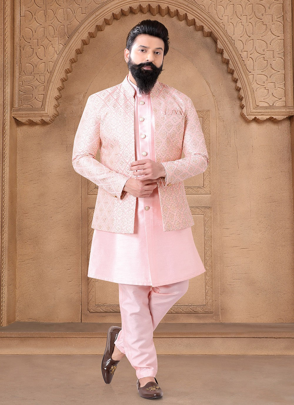 Embroidered Silk Pink Indo Western - M7665