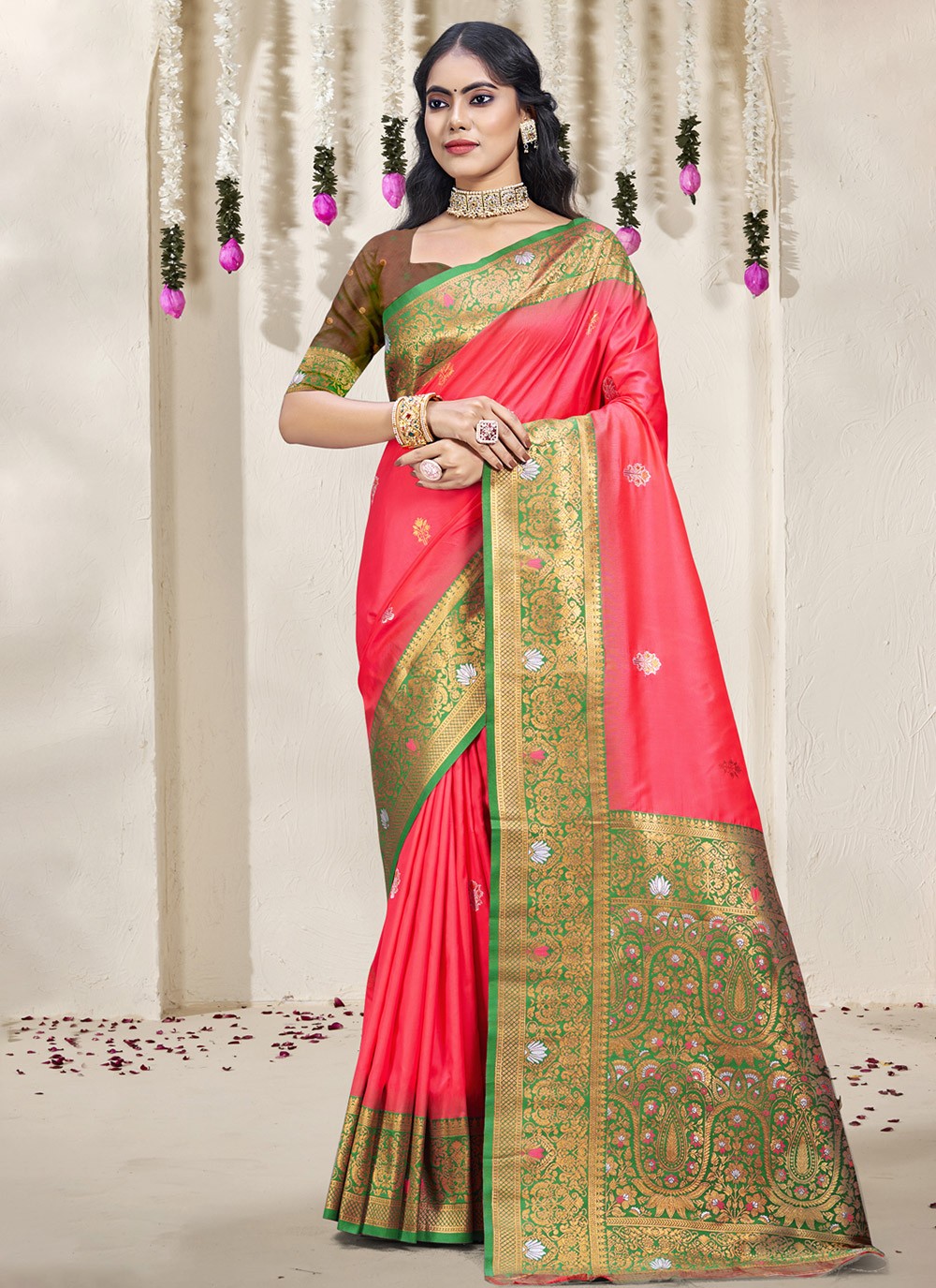 Contemporary Weaving Zari Silk Morpeach Saree - S11186