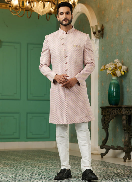 Fancy Work Jacquard Silk Pink Indo Western - M6447