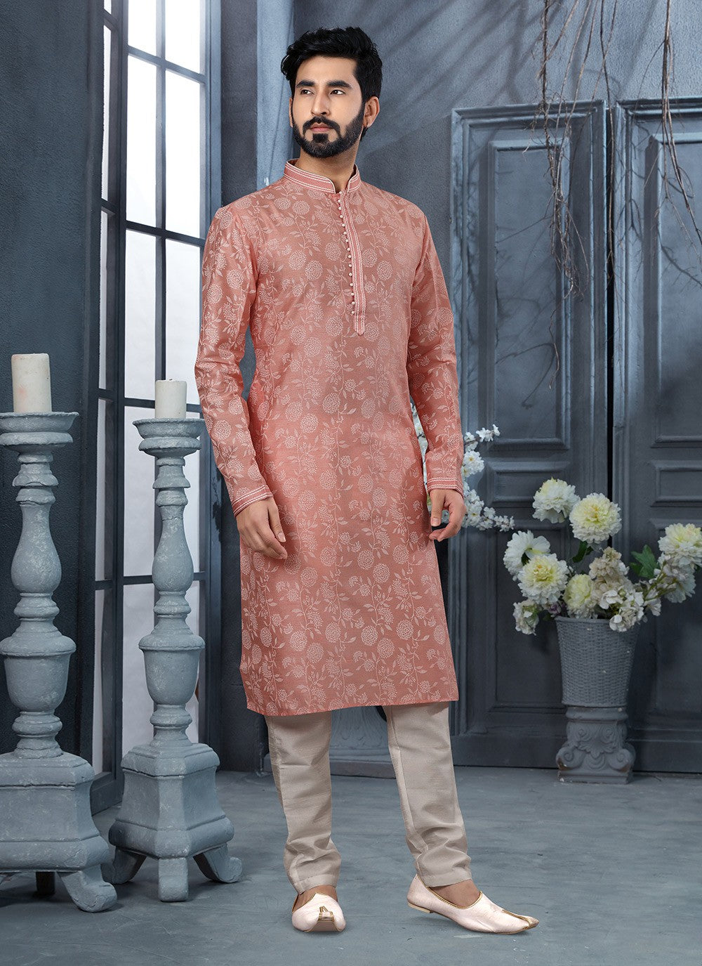 Fancy Work Art Silk Pink Kurta - M5612