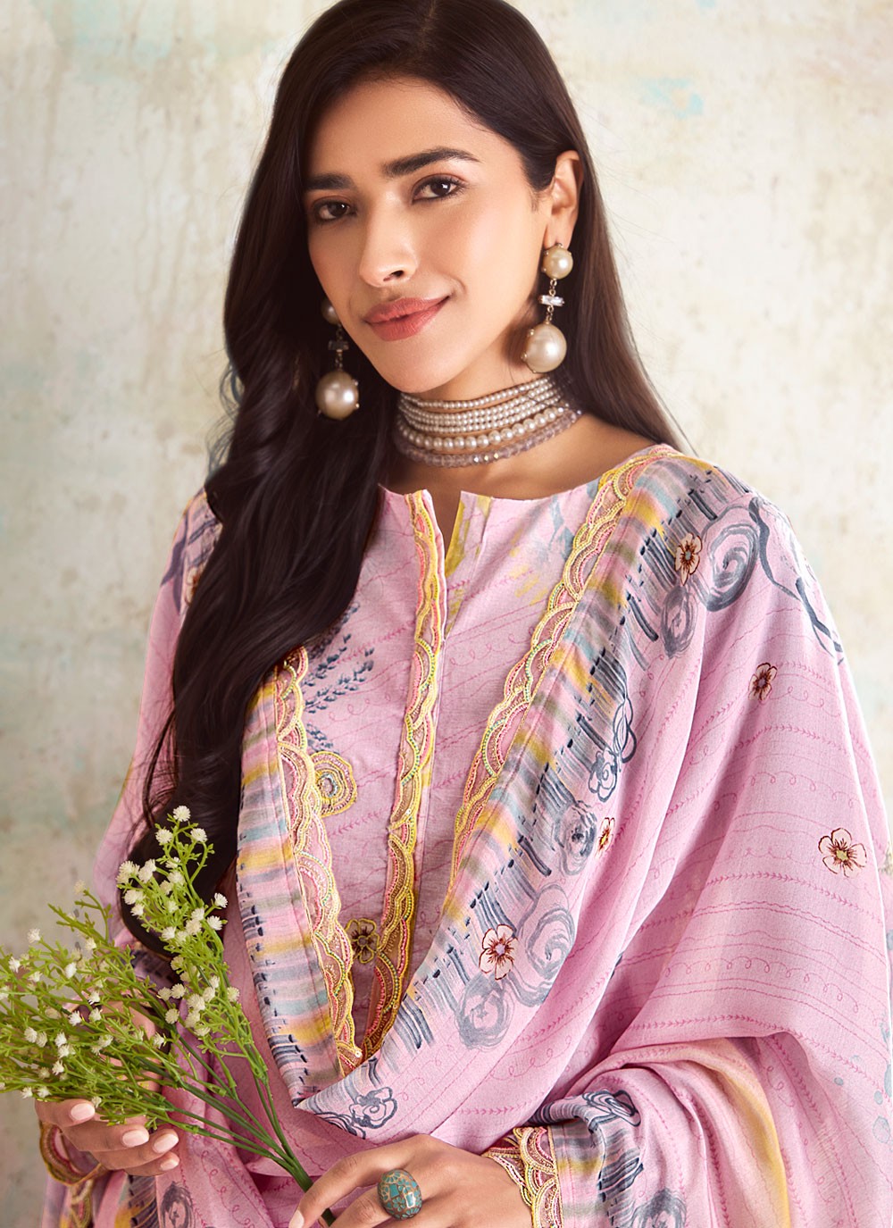 Digital Print Linen Pink Pant Style Suit T6301