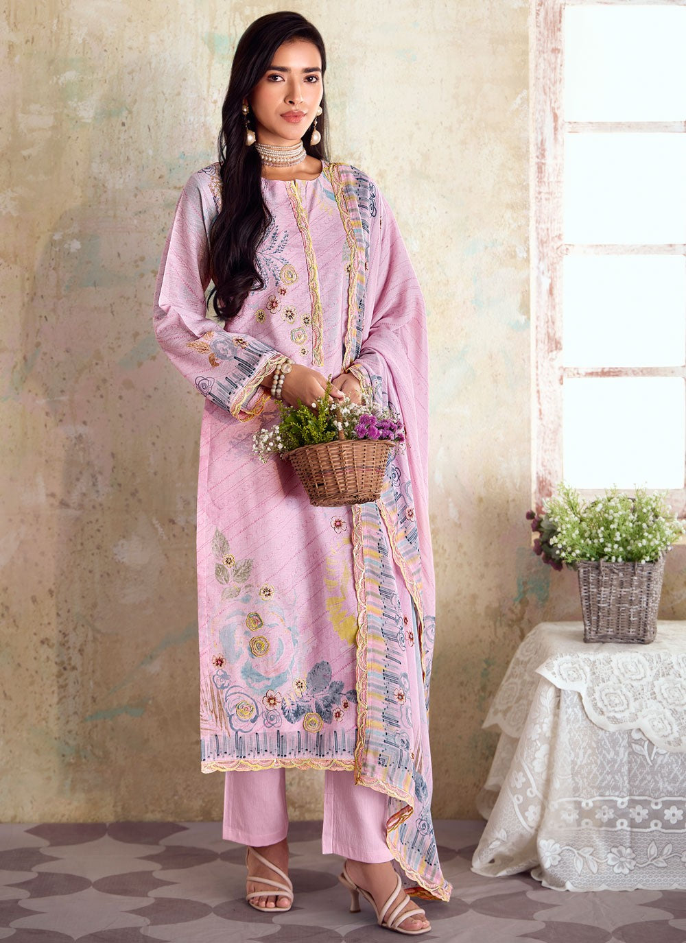 Digital Print Linen Pink Pant Style Suit T6301