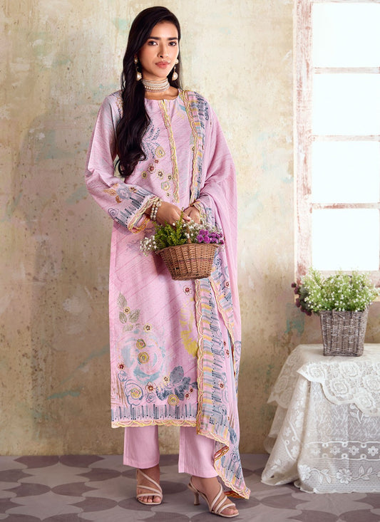 Digital Print Linen Pink Pant Style Suit T6301