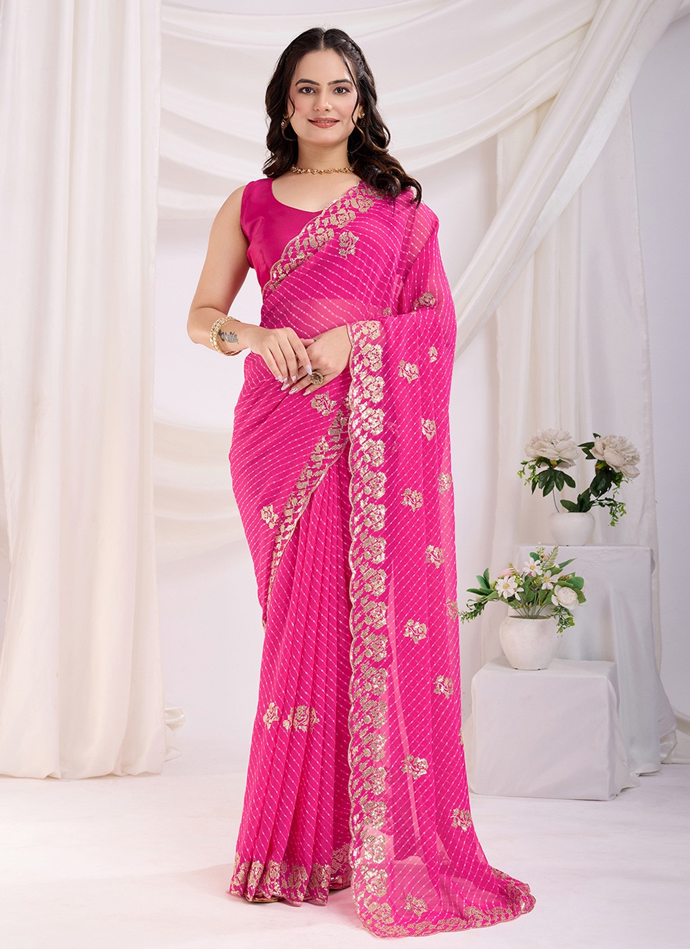 Embroidered Georgette Pink Saree S14023