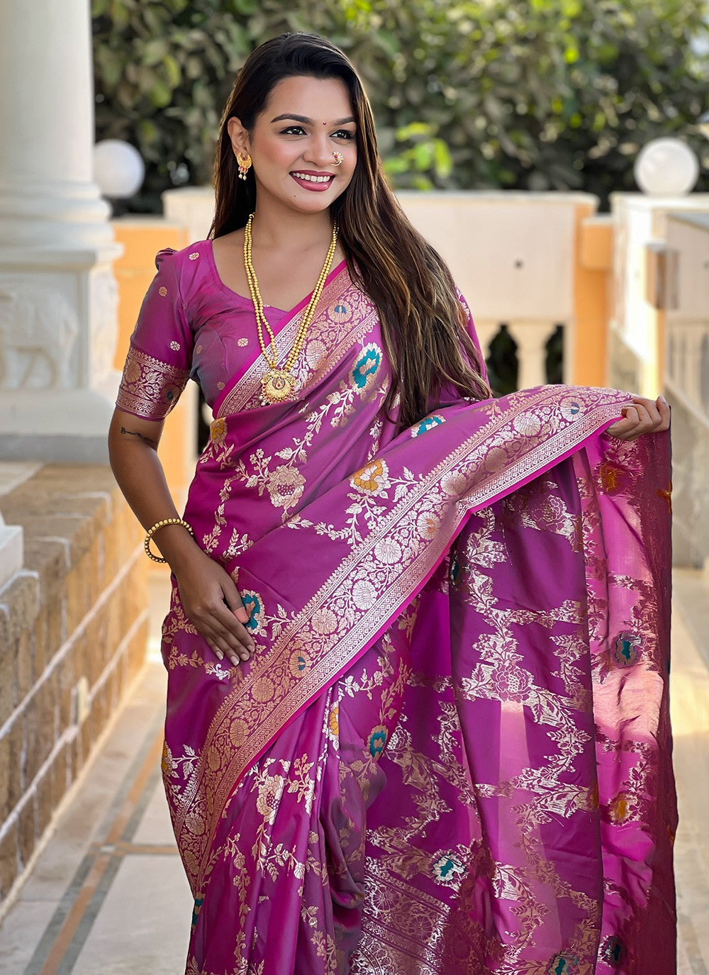 Pink Banarasi Silk Contemporary Saree Meenakari S16327