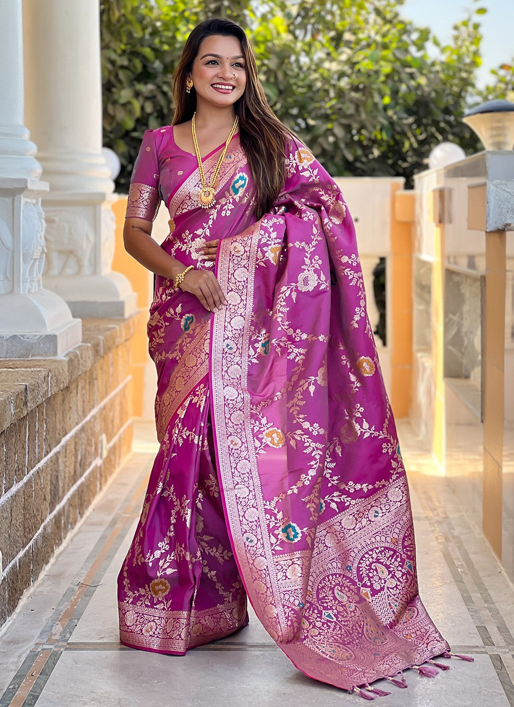Pink Banarasi Silk Contemporary Saree Meenakari S16327