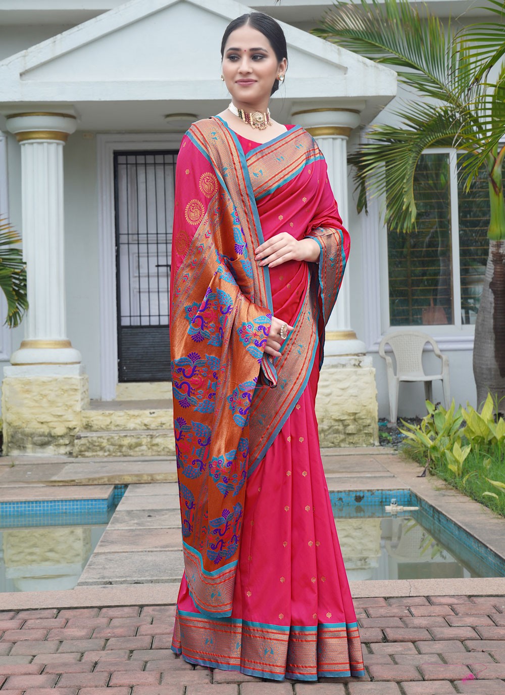 Traditional Border Work Pink Silk S12426