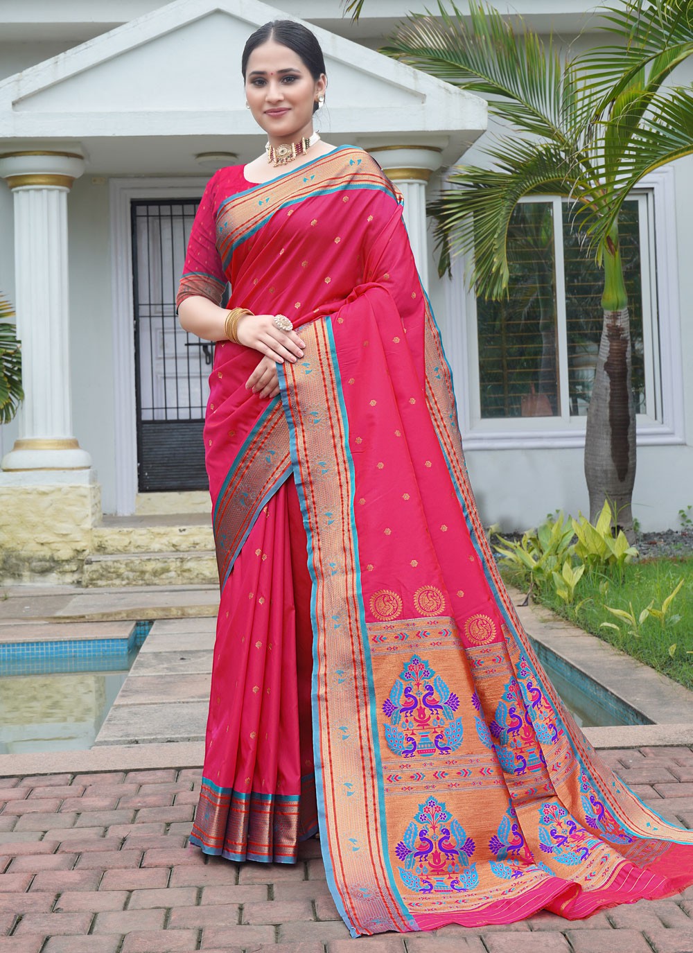 Traditional Border Work Pink Silk S12426