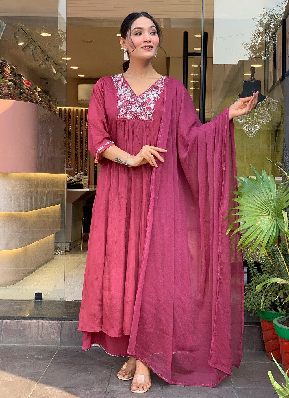 Embroidered Chinon Pink Salwar Suit T6398