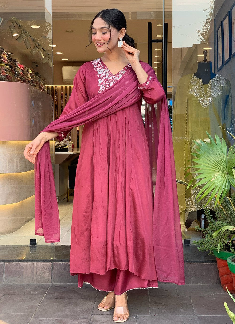 Embroidered Chinon Pink Salwar Suit T6398