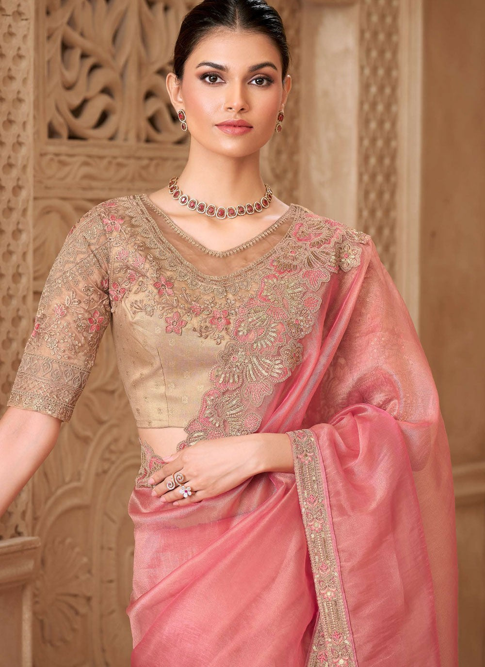 Pink Georgette Contemporary Saree Border Work, Embroidered S19781