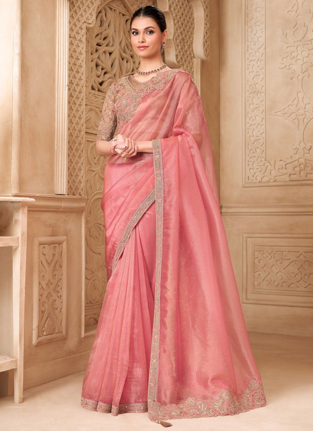 Pink Georgette Contemporary Saree Border Work, Embroidered S19781