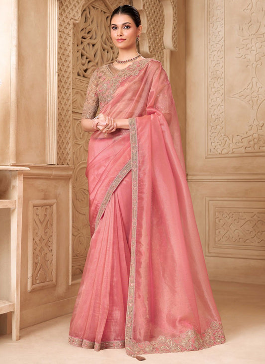 Pink Georgette Contemporary Saree Border Work, Embroidered S19781