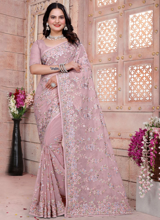 Embroidered Georgette Pink Saree S14840