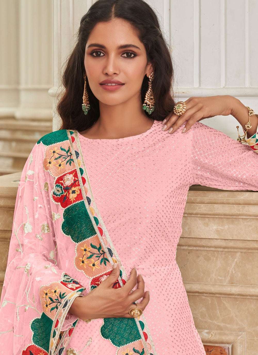 Pant Style Suit Embroidered, Sequins, Thread Pink T6974