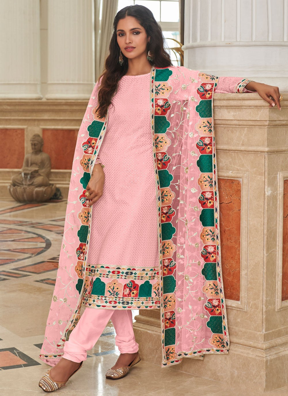 Pant Style Suit Embroidered, Sequins, Thread Pink T6974