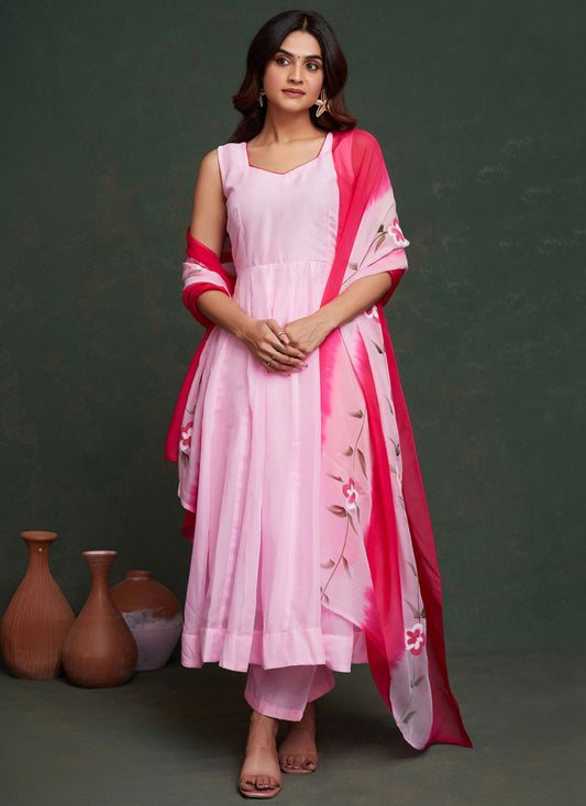 Salwar Suit Hand Embroidery Pink Organza T5324