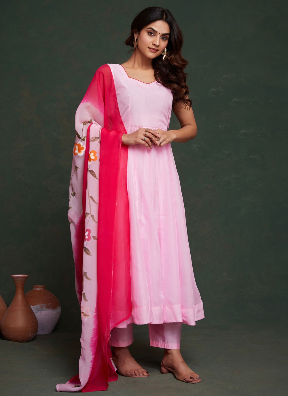 Salwar Suit Hand Embroidery Pink Organza T5324