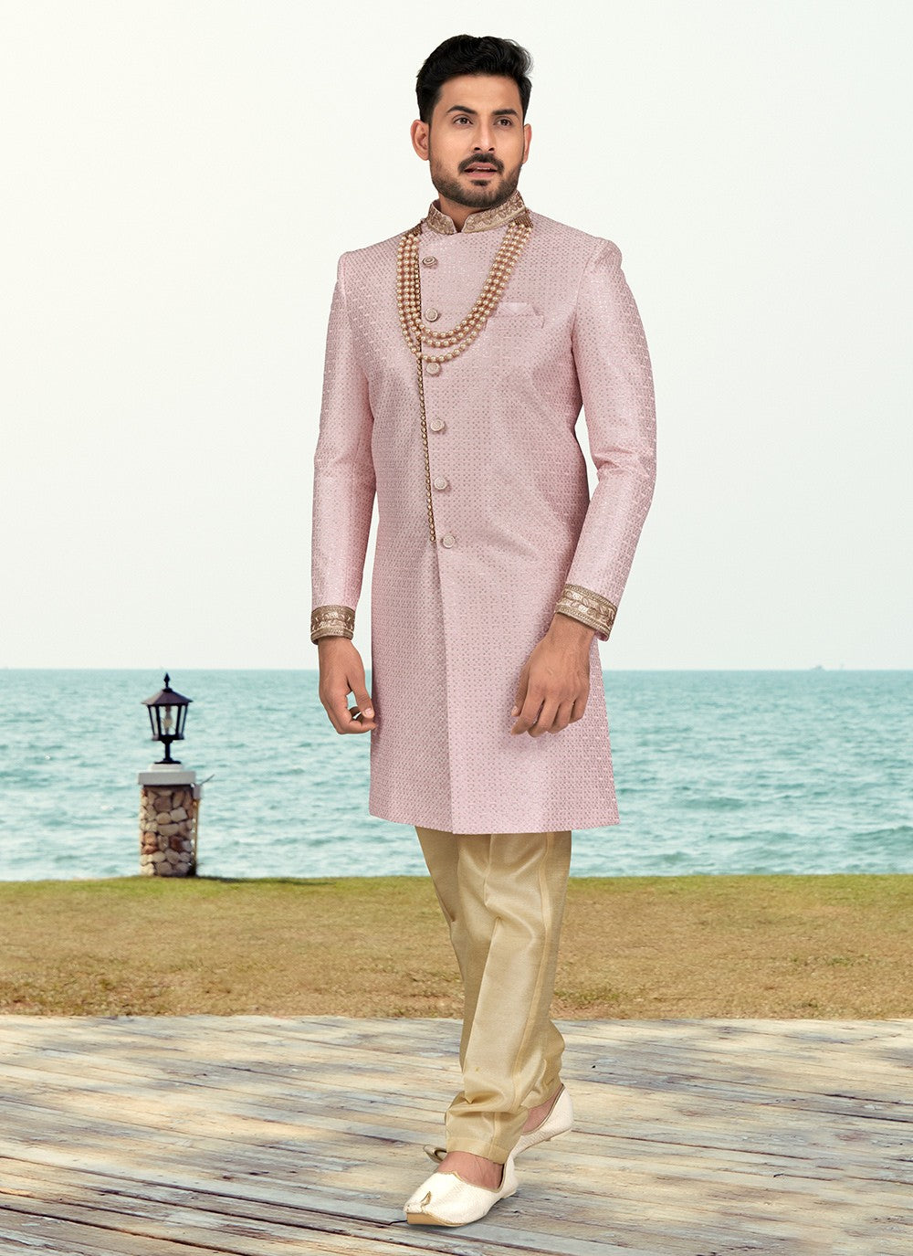 Hand Embroidery Silk Pink Sherwani - M6797