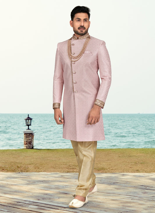 Hand Embroidery Silk Pink Sherwani - M6797