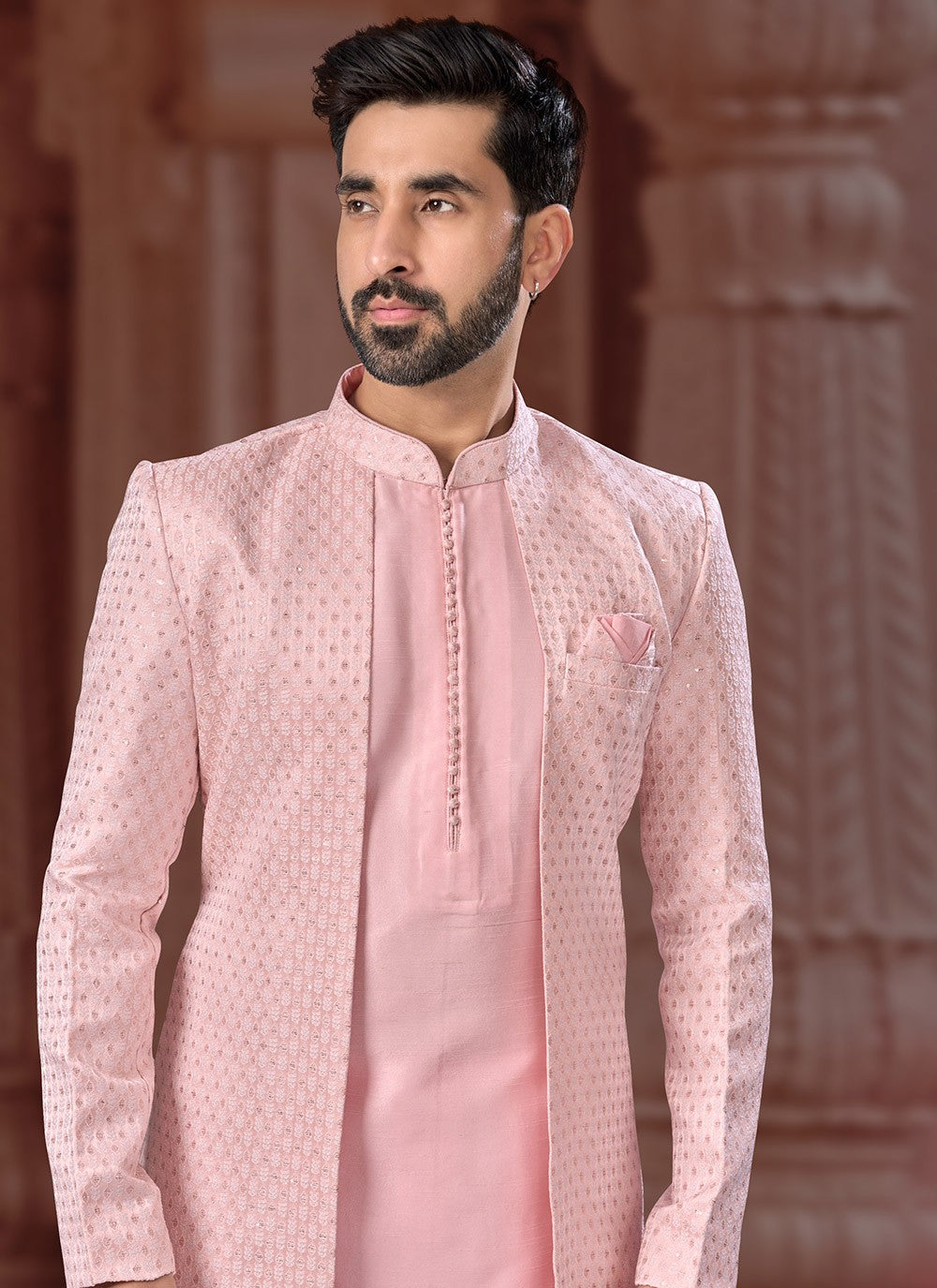 Fancy Work Jacquard Pink Indo Western Sherwani - M7165
