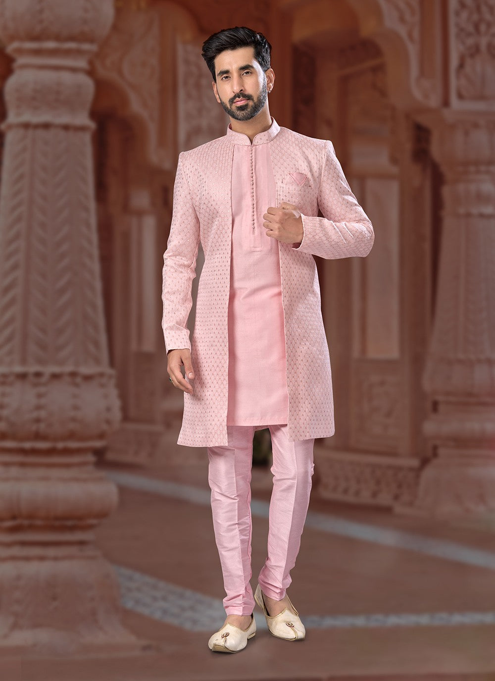 Fancy Work Jacquard Pink Indo Western Sherwani - M7165