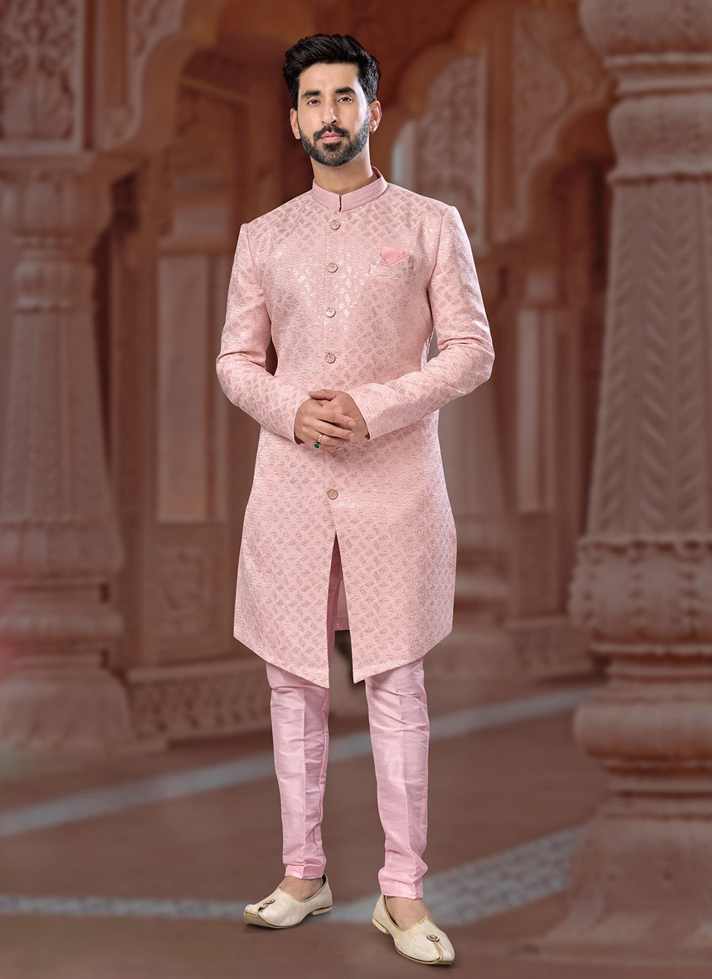 Embroidered Jacquard Pink Indo Western Sherwani - M6900