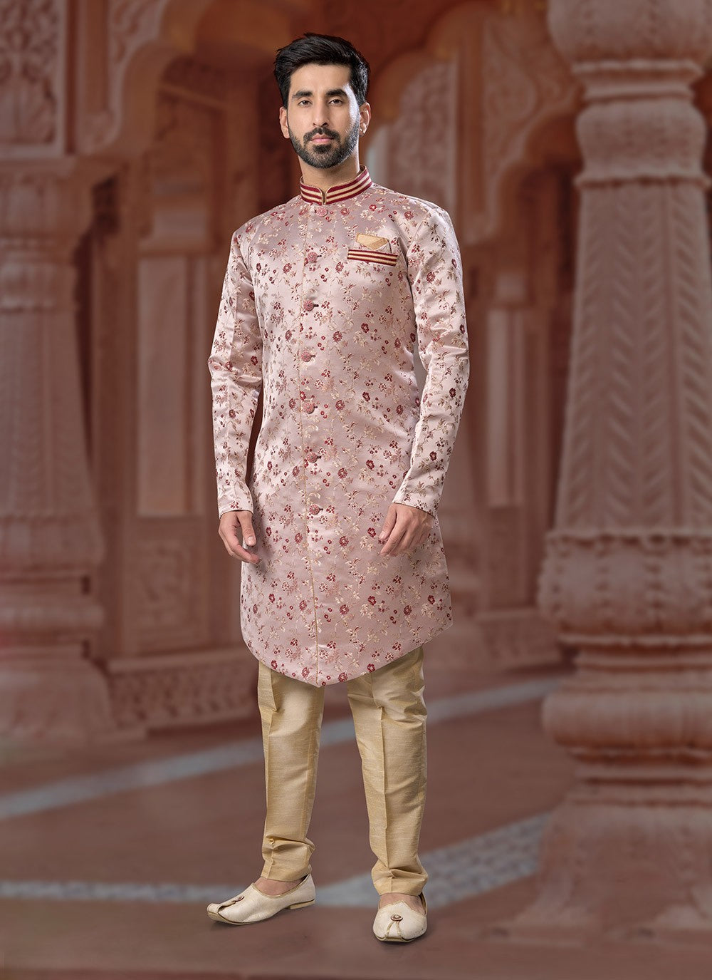 Fancy Work Jacquard Pink Indo Western Sherwani - M7169