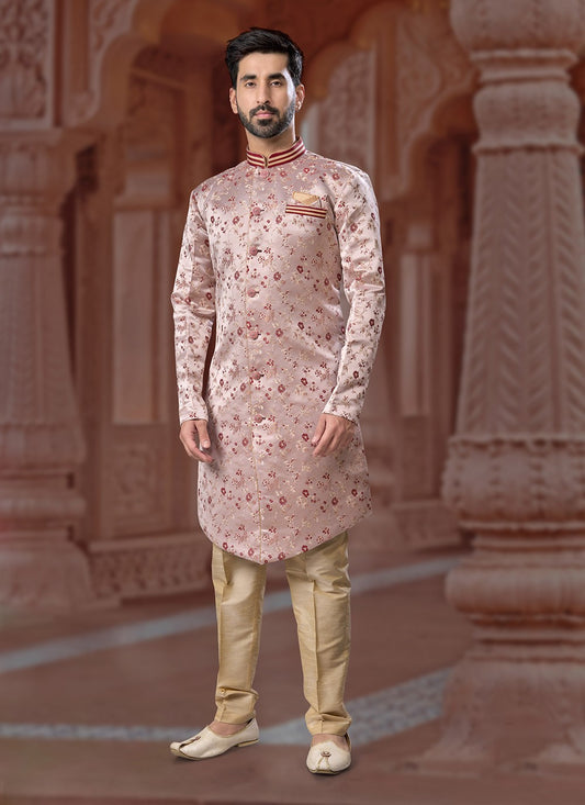 Fancy Work Jacquard Pink Indo Western Sherwani - M7169