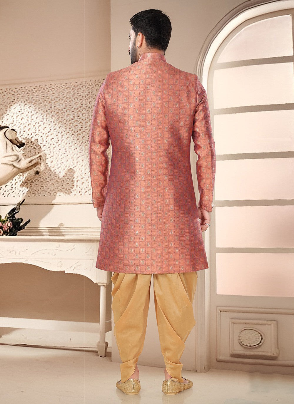 Woven Jacquard Pink Sherwani - M7529