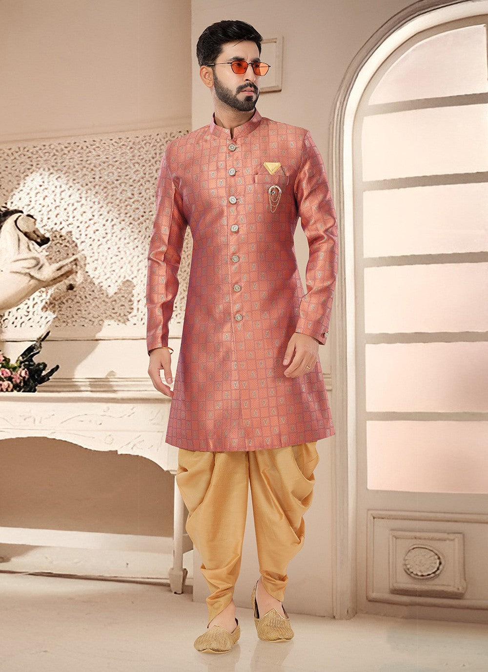 Woven Jacquard Pink Sherwani - M7529
