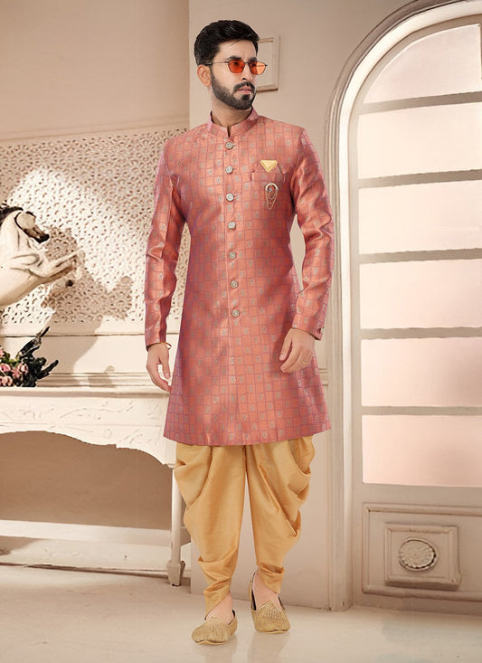 Woven Jacquard Pink Sherwani - M7529