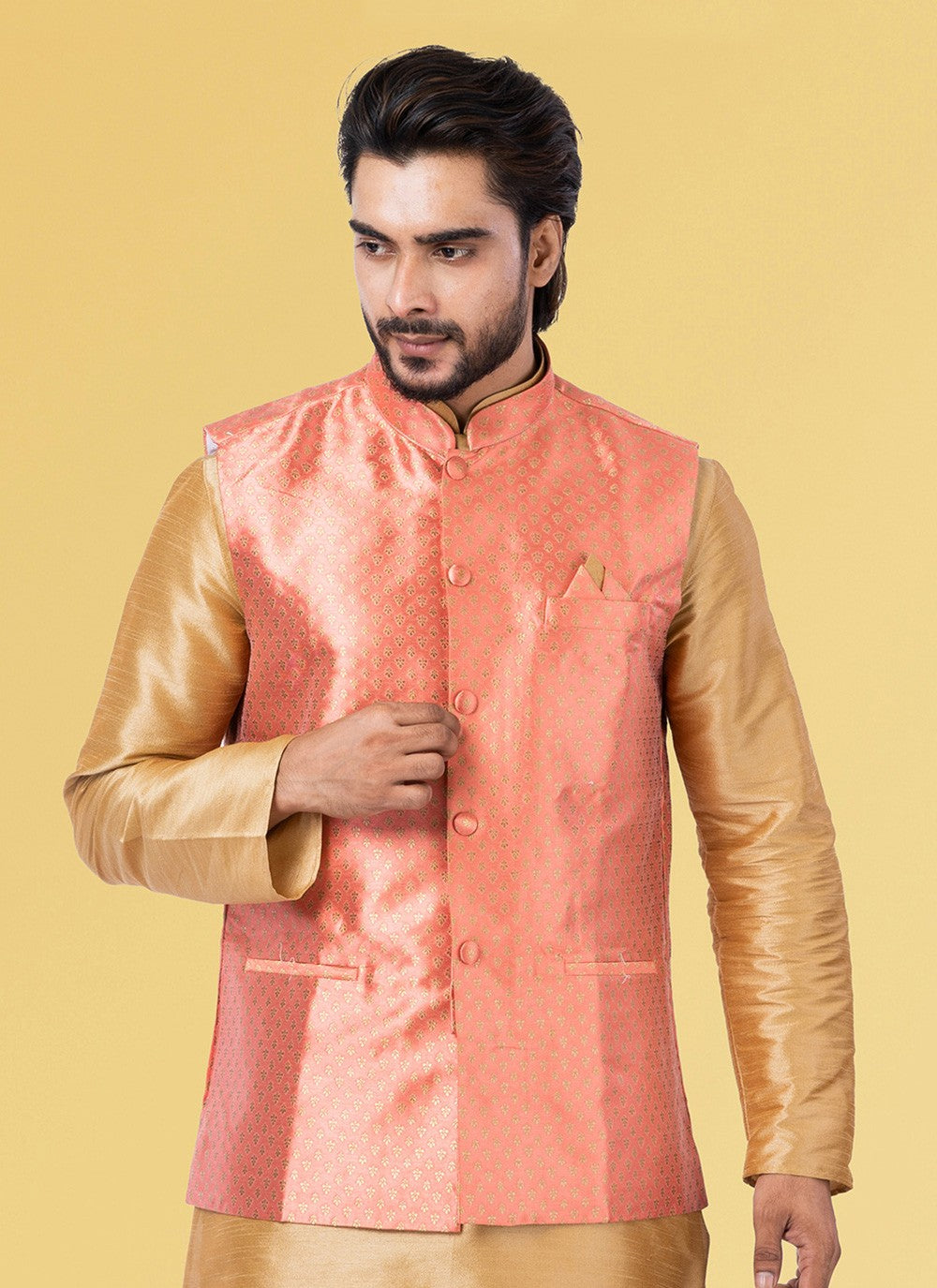 Jacquard Work Silk Pink Nehru Jackets - M7448